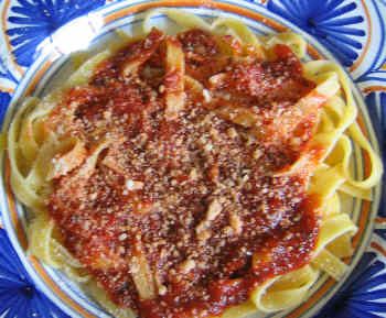 Tagliatelle pasta with homemade red sauce from pastatherapy.com